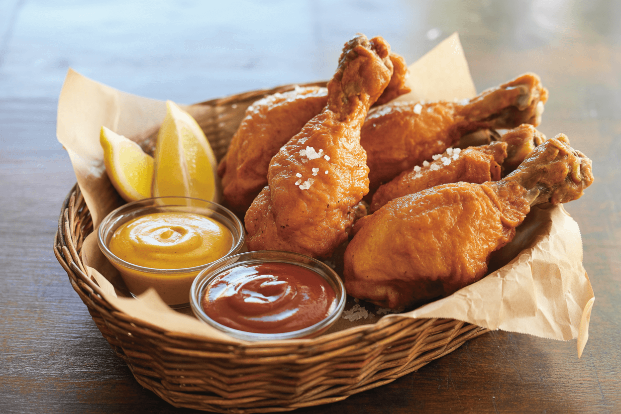 Crispy fried chicken drumsticks served in a basket with lemon wedges and dipping sauces