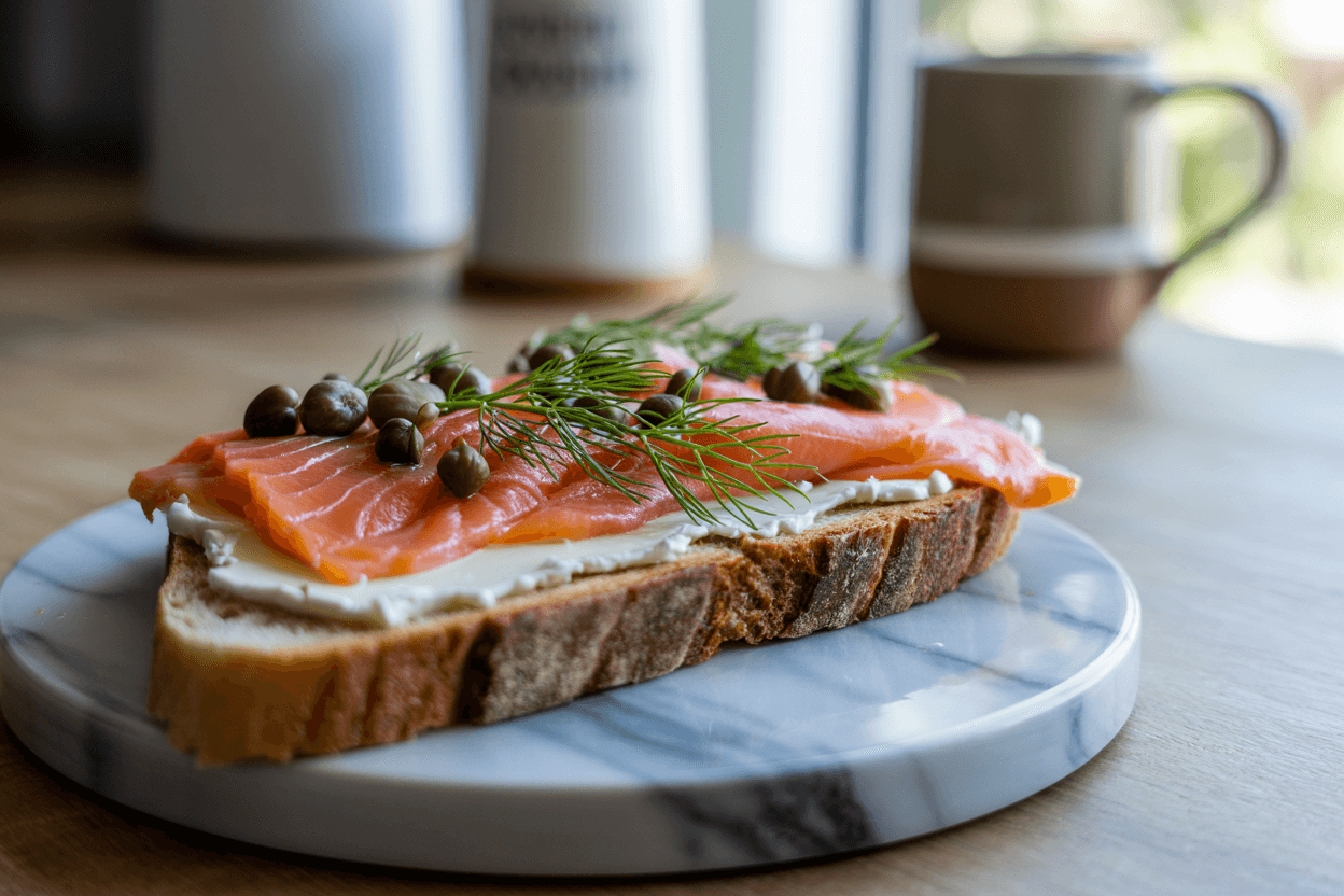 Smoked salmon on toasted sourdough with cream cheese, capers, and dill garnish