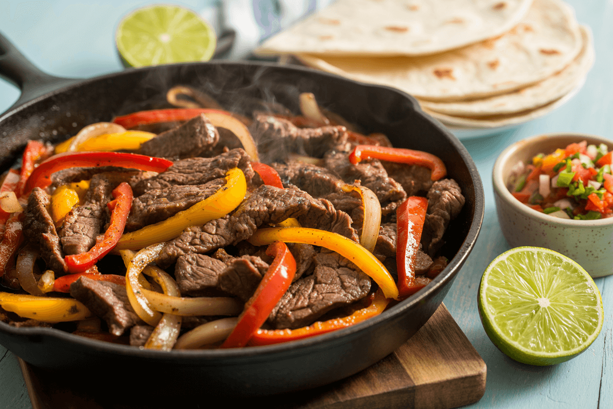 Sizzling beef fajitas with bell peppers and onions in a cast iron skillet, tortillas and lime on the side