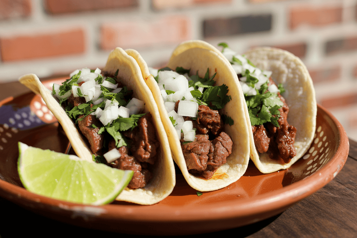 Mexican beef tacos in soft tortillas with diced onions, cilantro, and lime wedges