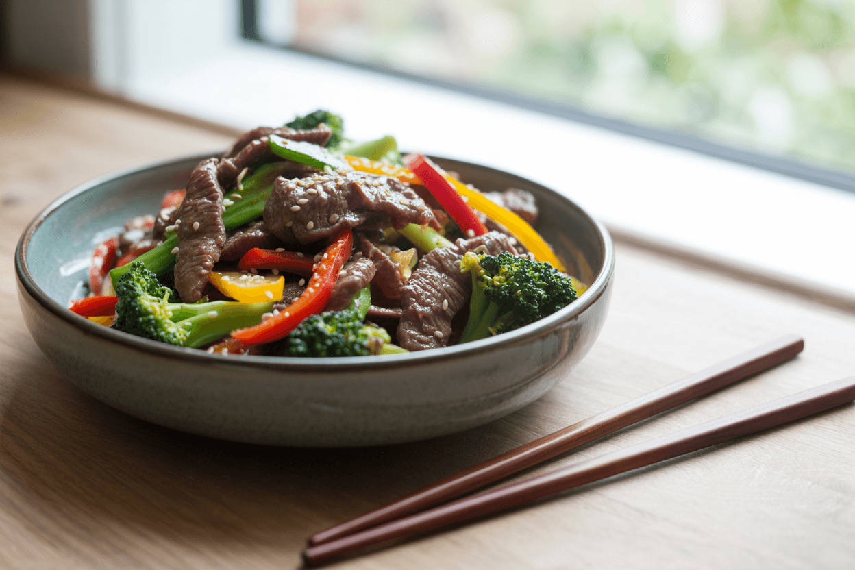 Beef stir-fry with broccoli, red peppers, and sesame seeds served in a ceramic bowl with chopsticks