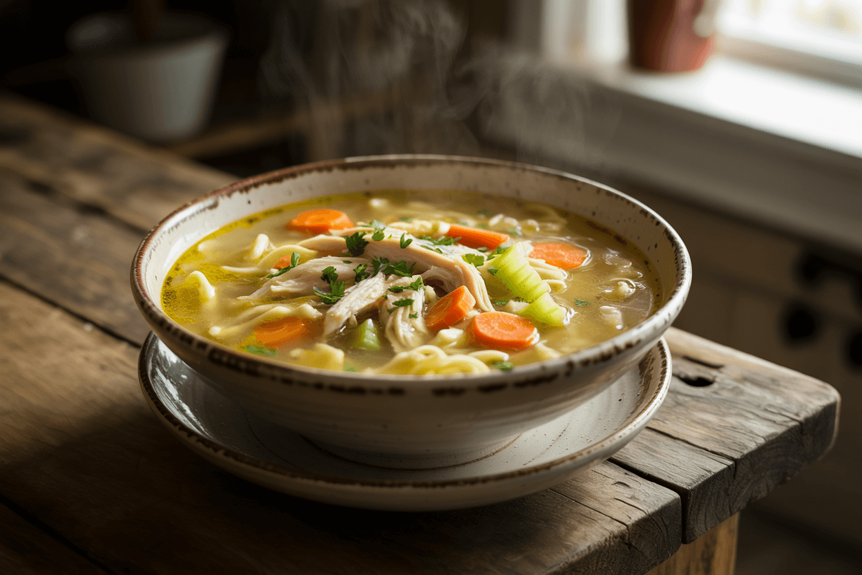 Steaming bowl of homemade chicken noodle soup with carrots, celery, and parsley in a rustic ceramic bowl